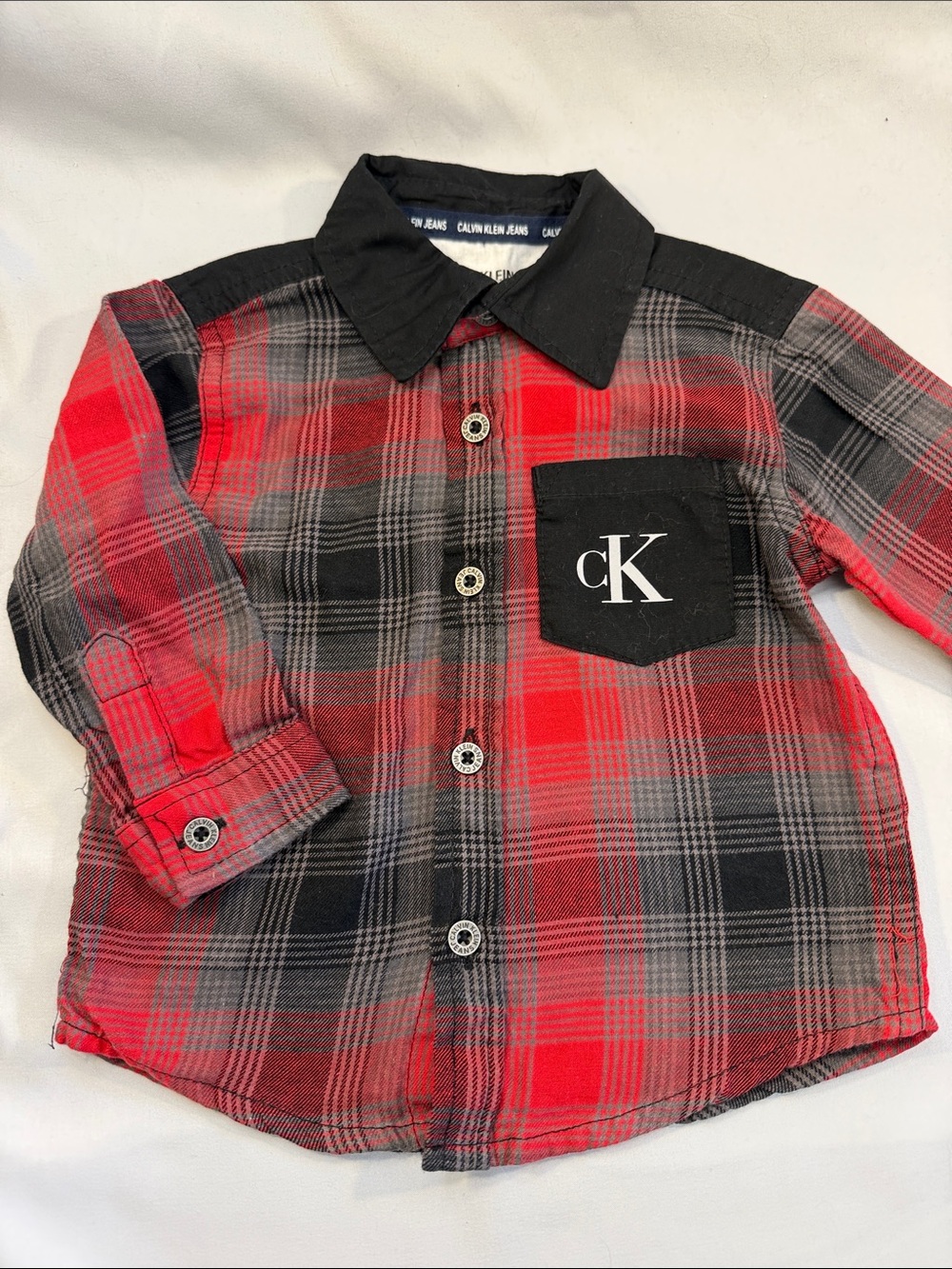 Calvin Klein Jeans Red and Black Plaid Button-Down Shirt with CK Pocket